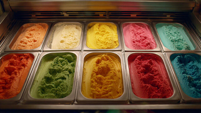 Rows of colorful Italian gelato flavors filling a freezer display, presenting an appetizing selection of desserts