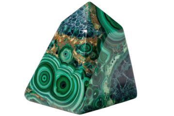 Malachite Pyramid: A meticulously cut and polished malachite pyramid showcases a vibrant swirl of greens and patterns