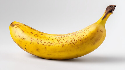 Ripe yellow banana with brown spots on a white background
