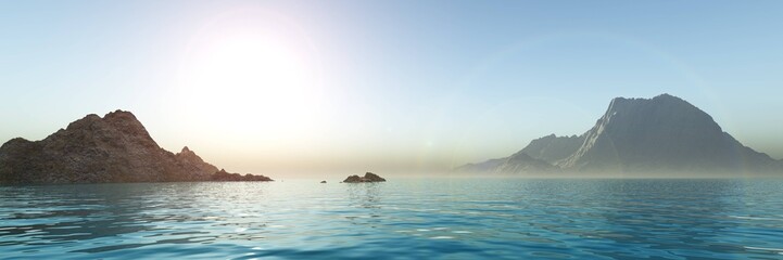 Panorama of sea sunset, ocean sunrise, seascape, 3d rendering
