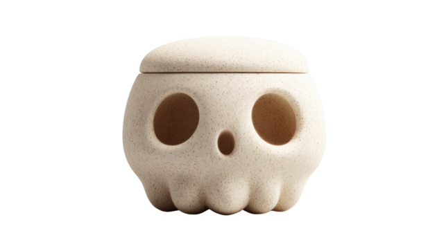 a mycelium packaging solution that is shaped like a skull but a cute and simple cartoon skull, nothing scary or overly realistic, simple skull shape,