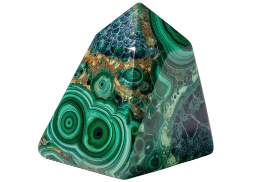 Malachite Pyramid: A meticulously cut and polished malachite pyramid showcases a vibrant swirl of greens and patterns