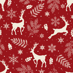 Winter red holiday pattern. Seamless background with deers, snowflakes, herbs. Celebration design for paper, cover, fabric, interior decor.