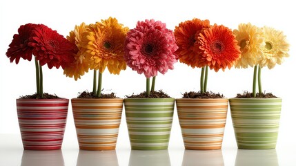 Vibrant Gerbera Daisies in Striped Pots Against White Background