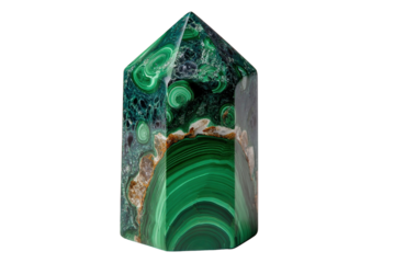 Majestic Malachite: Witness the mesmerizing beauty of a meticulously crafted malachite crystal, showcasing intricate patterns and rich emerald hues, a true treasure of nature.