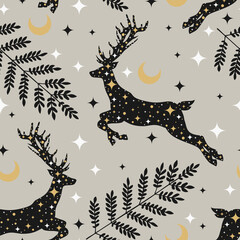 Winter holiday pattern. Seamless background with deers, snowflakes, herbs. Celebration design for paper, cover, fabric, interior decor.