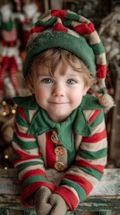 Adorable child in Christmas elf costume, bright colors, playful winter props and warm festive charm for fun holiday imagery