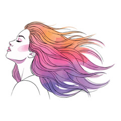 Watercolor portrait of woman with flowing colorful hair isolated on white background