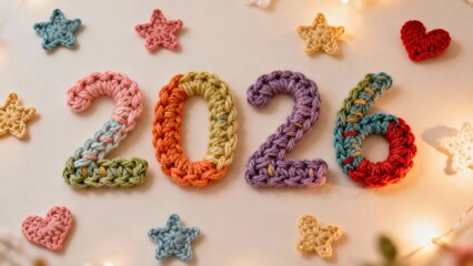 Colorful knitted 2026 numbers placed among stars, hearts and soft craft textures. Ideal for children&rsquo;s cards, playful holiday ads, posters, social posts and cheerful winter seasonal branding.