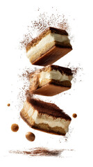 Deconstructed layers of an Italian Tiramisu including ladyfinger biscuits, rich mascarpone cream, espresso droplets, 