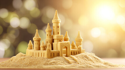 Detailed sandcastle built with towers and gate on a sandy mound, bright sunlight creating a warm, dreamy background