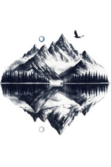 mountain ridge rendered in realistic black and grey with seven summits mirrored in a glassy lake, 