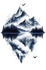 mountain ridge rendered in realistic black and grey with seven summits mirrored in a glassy lake, 