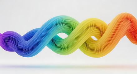Vibrant rainbow colored abstract swirling ribbon shape formed by tiny particles on a clean white background