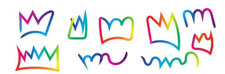 A collection of hand-drawn, rainbow color, graffiti-style crown doodles rainbow gradient pure white background.