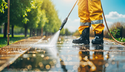 Worker cleaning pavement with high pressure washer system