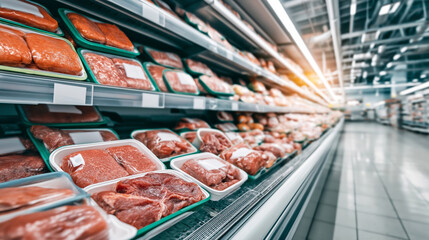 Retail aisle presenting various cuts of raw meat, including ground beef and poultry, ready for purchase by consumers