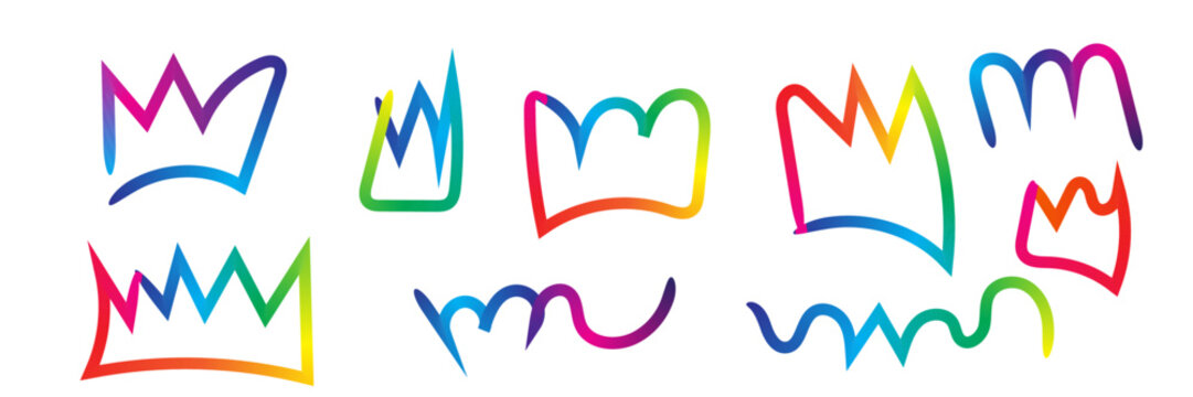 A collection of hand-drawn, rainbow color, graffiti-style crown doodles rainbow gradient pure white background.