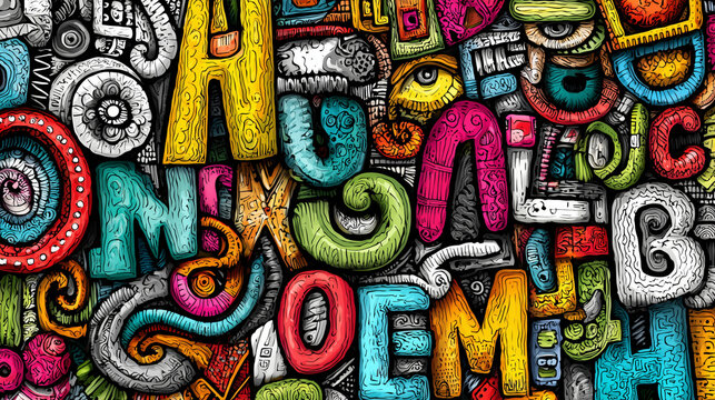 Colorful Hand-Drawn Alphabet Letters Doodle Art Vibrant Typography Background