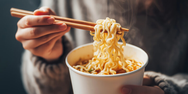 Hands picking up steaming ramen noodles from a disposable cup container with wooden chopsticks, representing convenience food