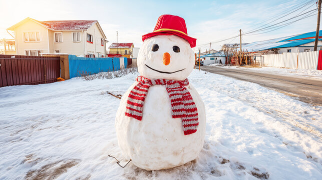 Traditional snowman sculpture bringing winter cheer to a neighborhood, representing holiday season and cold weather