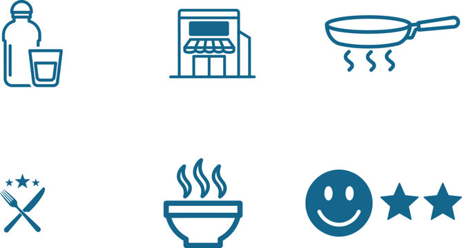 Restaurant and Dining Icons Collection Featuring Water Store Pan Soup and Customer Satisfaction Depicted with Clean Line Art Minimalistic Approach