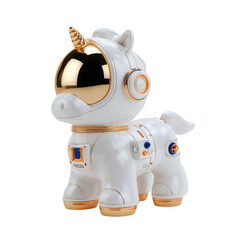 3D Art Toy blind box design, anthropomorphic pony mascot IP. Core style is Future Space Explorer series. The character wears a chubby, thick, minimalist high-gloss white spacesuit,