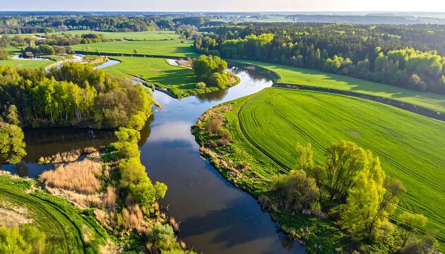 Aerial view of a winding river flowing through vibrant green fields and lush forests. Golden sunlight bathes the landscape, creating a serene scene - Powered by Adobe