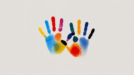Colorful handprints in vibrant hues of blue, red, yellow, and green, showcasing creativity and artistic expression on a neutral background, symbolizing unity and diversity in art