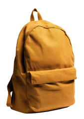 A mustard-colored backpack, showcasing a simple design, ready for school or travel, isolated on black