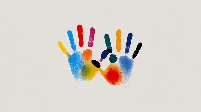 Colorful handprints in vibrant hues of blue, red, yellow, and green, showcasing creativity and artistic expression on a neutral background, symbolizing unity and diversity in art