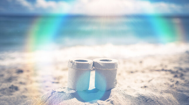 Sandcastle towers creating small structures on a sandy beach mound with the ocean and a colorful rainbow flare in the background