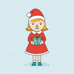 Cute cartoon girl in santa hat holding a christmas gift isolated on white background isolated on transparent background