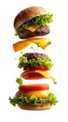 Deconstructed layers of a juicy cheeseburger including sesame brioche bun, grilled beef patty, melting cheddar cheese