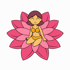 Cartoon woman in bikini meditating on a large pink lotus flower isolated on white background isolated on transparent background