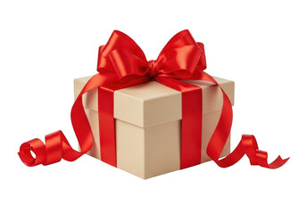 Beige gift box with red ribbon isolated on transparent background