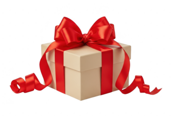 Beige gift box with red ribbon isolated on transparent background