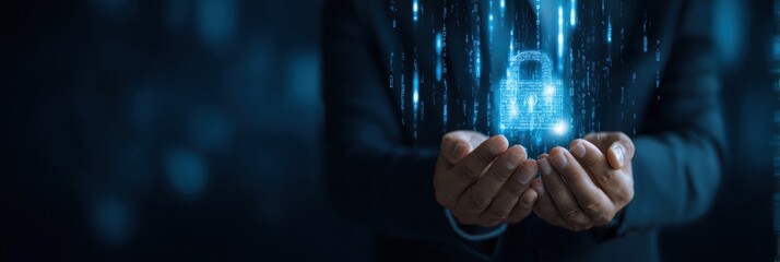 Businessman in dark suit guarding holographic padlock for data security concept, digital streams and blue neon tech background