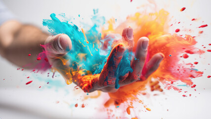 Hand exploding with vibrant colorful powder creativity