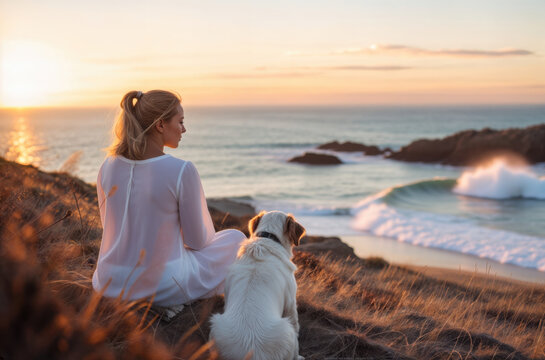 Woman and golden retriever meditating together at sunset beach