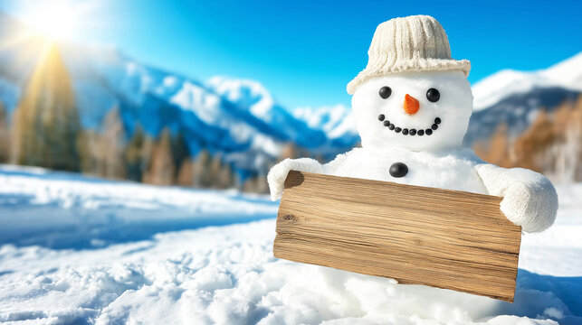 Snowman holding blank wooden sign in winter mountain landscape under sunny blue sky, offering empty space for text