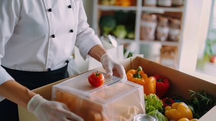 Chef preparing healthy meal kit for food delivery service