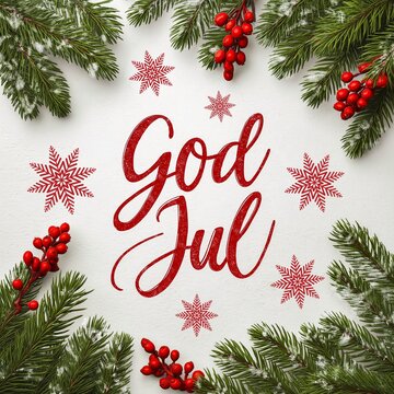 Festive Scandinavian Christmas greeting card with the text &ldquo;God Jul&rdquo; in elegant calligraphy. Cozy Nordic style, red and white palette, winter patterns, snowflakes, pine branches.