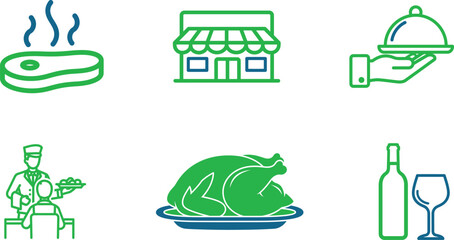 Restaurant Icon Set Presenting Various Culinary Experiences and Dining Scenarios Vector Illustration in Fresh Green and Blue Color Palette