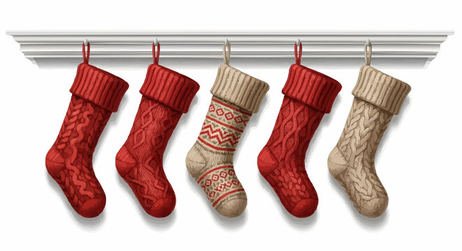 Festive christmas stockings hanging on a white mantelpiece ready for santa to fill with gifts and treats