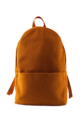 A close-up view of a simple, solid-colored backpack, set against a dark background
