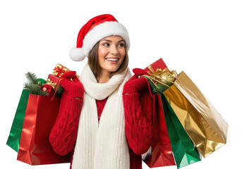 Woman in santa hat with christmas shopping bags isolated on transparent background