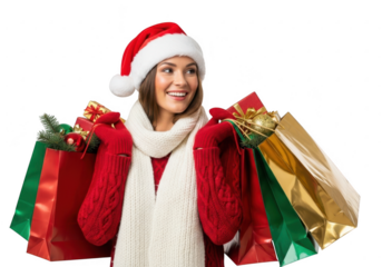 Woman in santa hat with christmas shopping bags isolated on transparent background