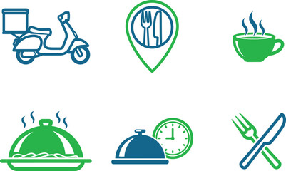 Vector Illustration of Food Delivery Service Icons with Scooter Restaurant Locator Hot Beverage and Meal Symbols Conveying Convenience and Efficiency in Dining Concepts and Culinary Businesses