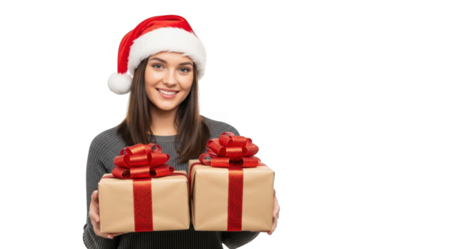 Smiling woman in santa hat holding christmas gifts isolated on transparent background